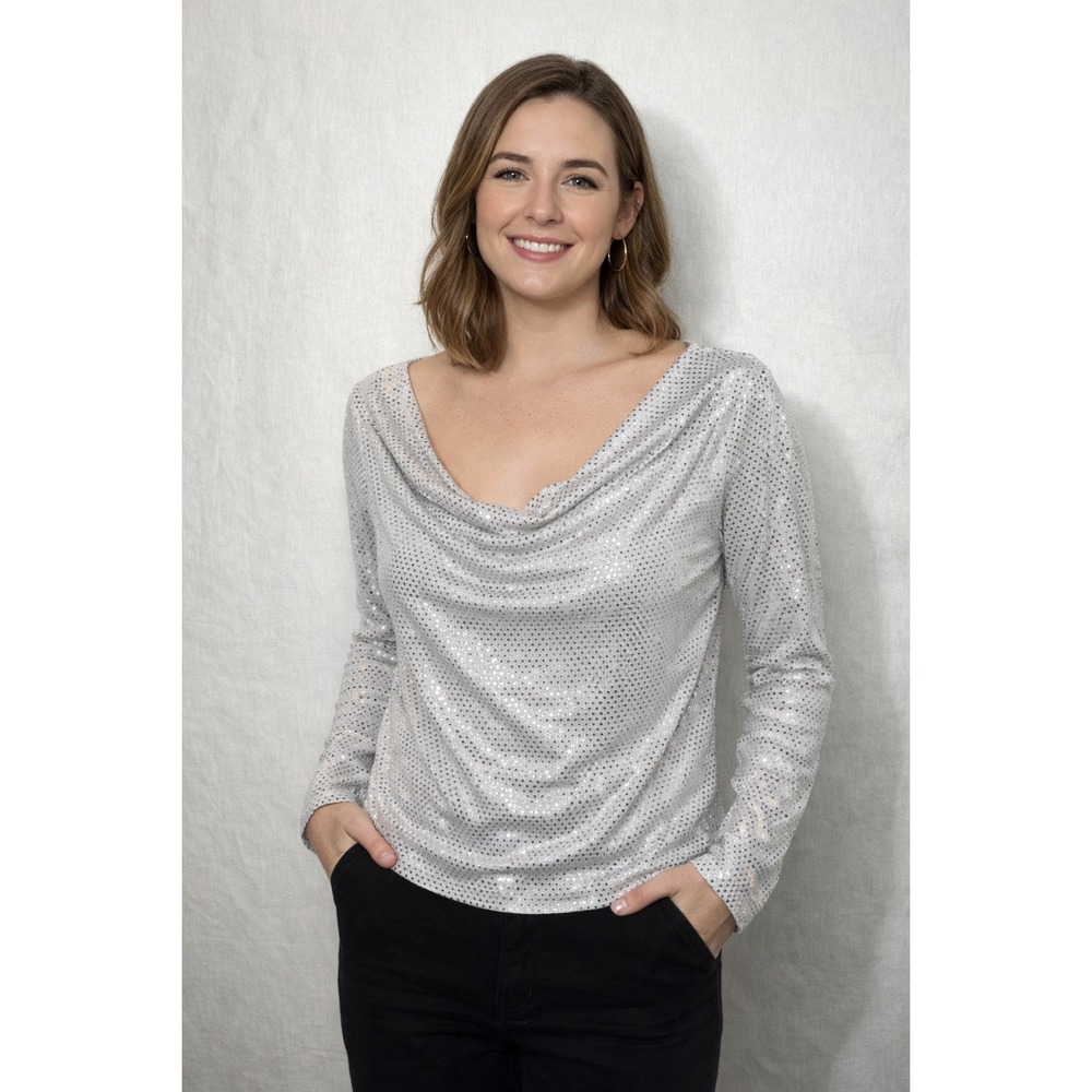 SHEIN Curve Silver Metallic Sequin Cowl Neck Long Sleeve Top 1XL White Blouse